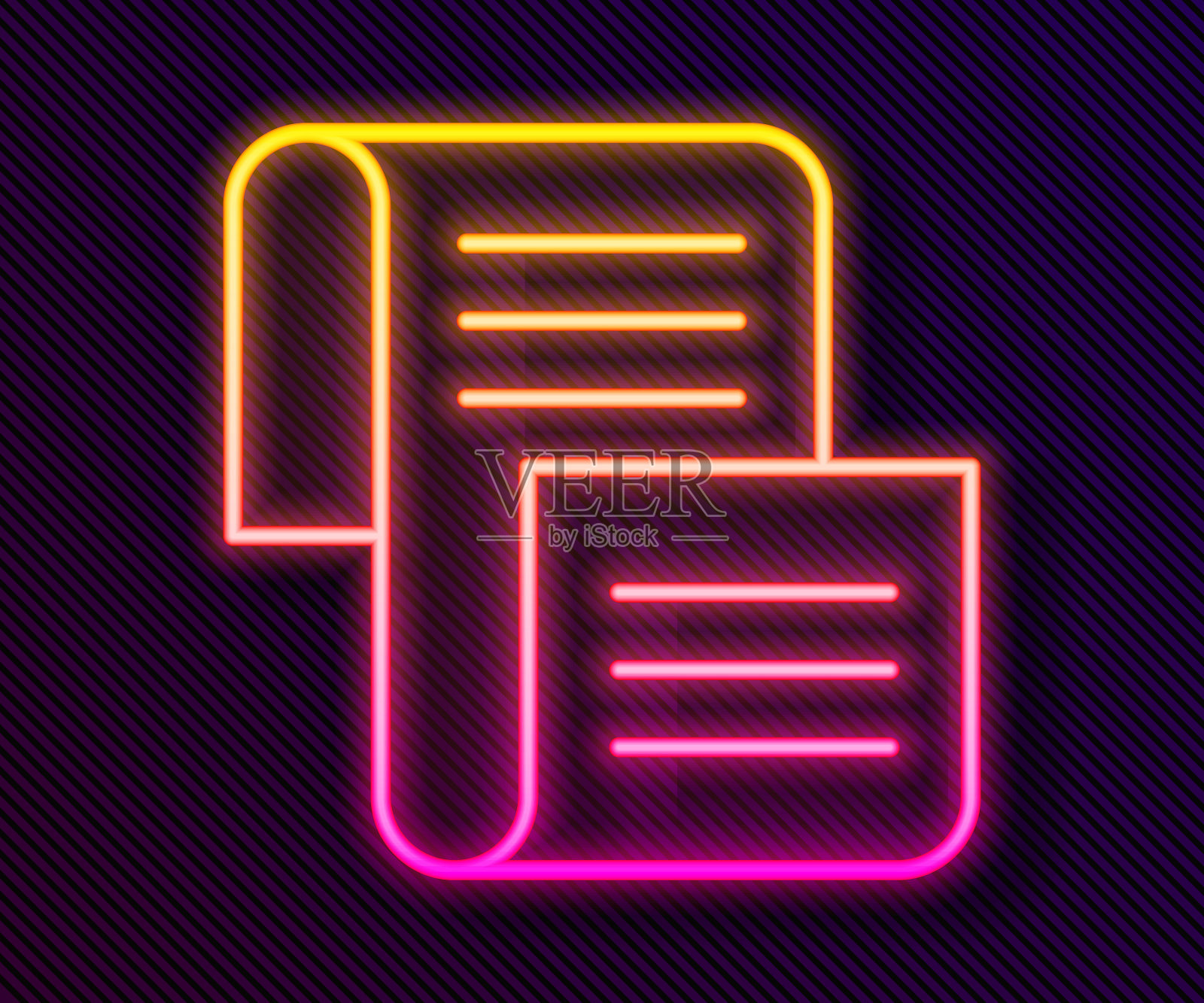 发光的霓虹线法令，纸，羊皮纸，滚动图标图标孤立在黑色背景。向量插画图片素材