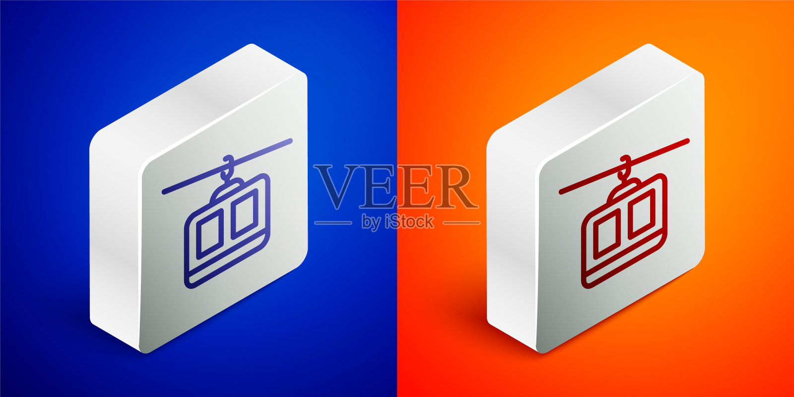 等距线缆车图标隔离在蓝色和橙色的背景。缆索的迹象。银广场按钮。向量图标素材