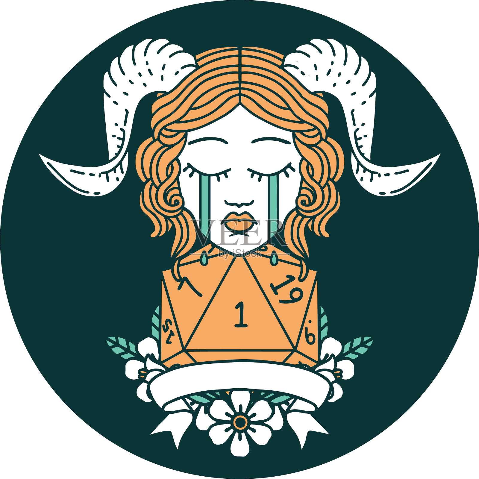 哭tiefling与自然一个d20骰子滚动插画图片素材