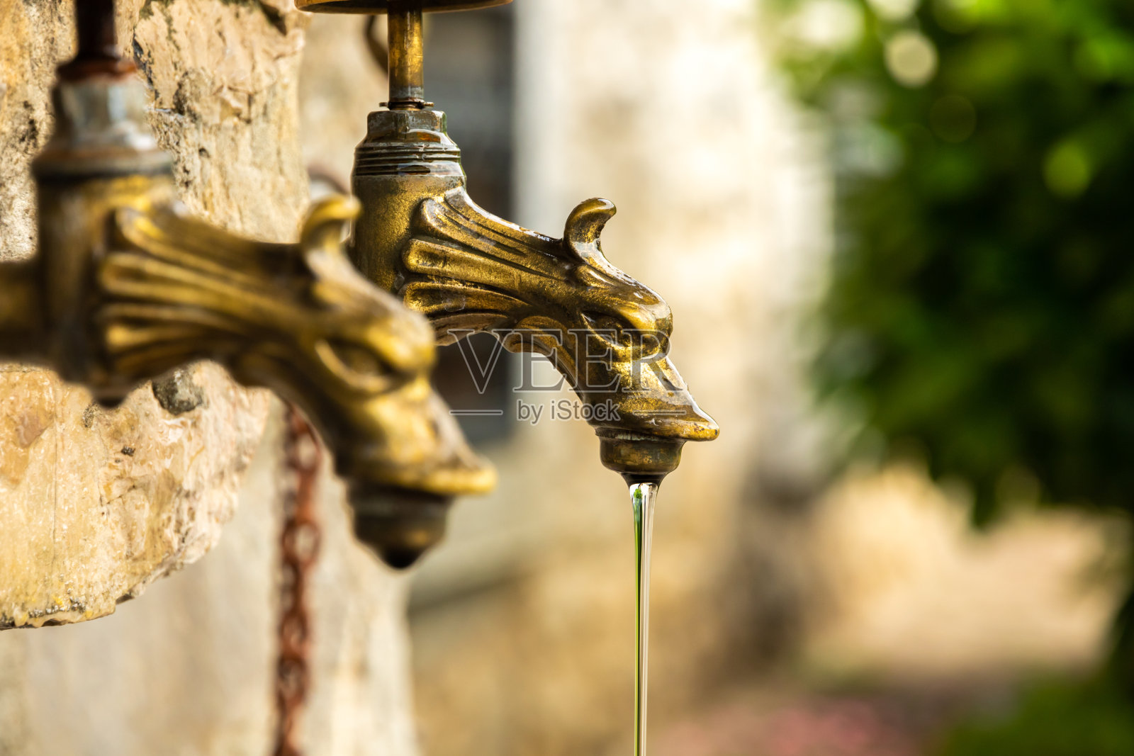 一个动物形状的饮水龙头，旁边的教堂和修道院在山区休养地照片摄影图片