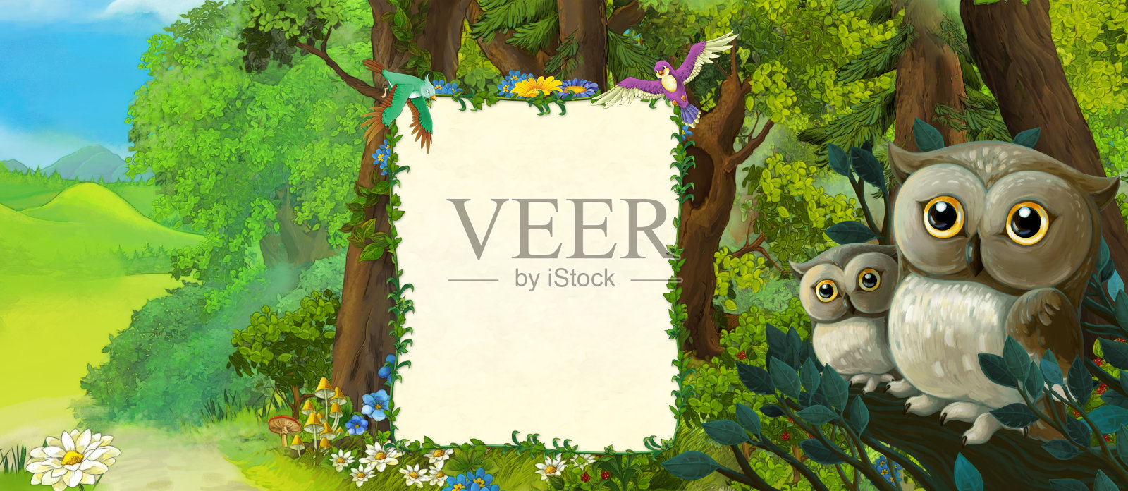 卡通场景与家庭猫头鹰在森林-插图插画图片素材