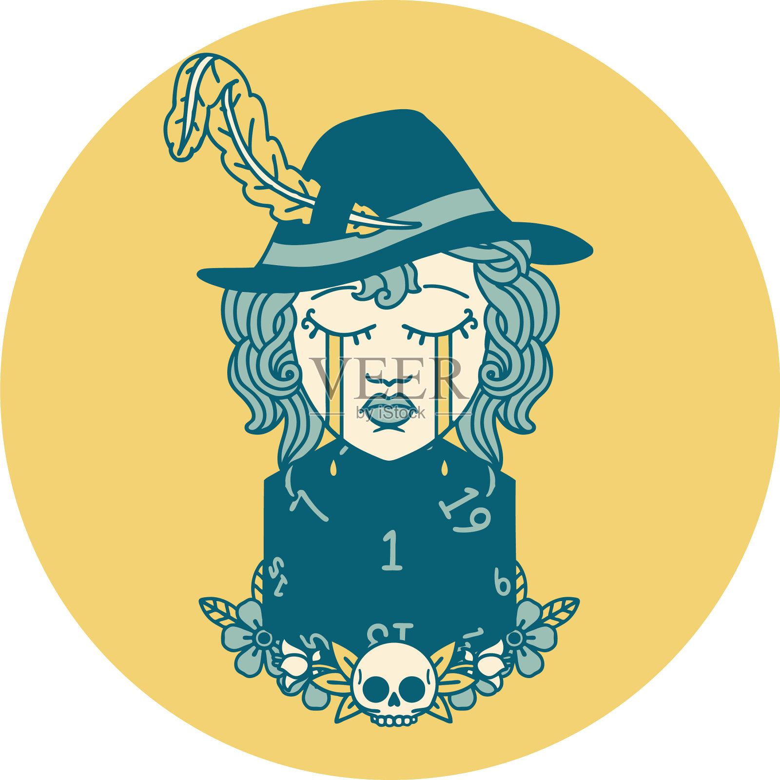 哭泣的人类吟游诗人与自然一个d20骰子滚动插画图片素材