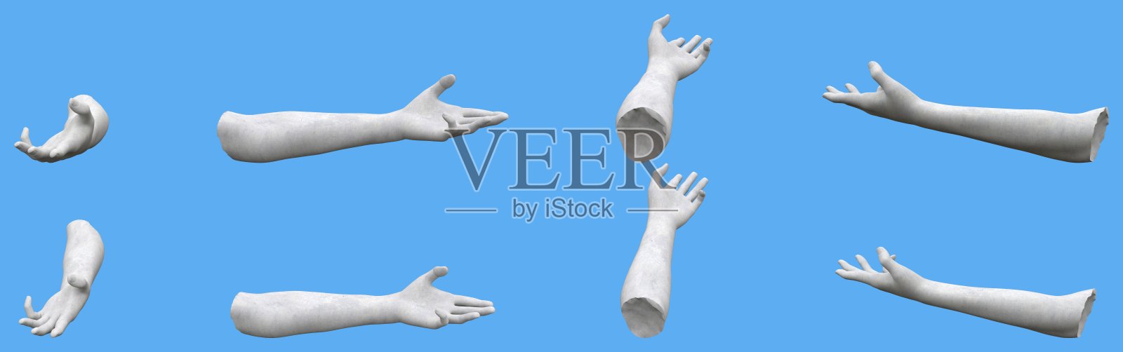 8白色混凝土雕像手渲染孤立的蓝色，光和阴影分布的艺术家或画家的例子-物体的3d插图照片摄影图片