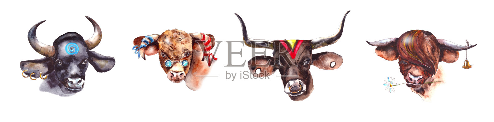 水彩插图。2021年的牛年。可爱的不寻常的引导。新年和圣诞节的插图。公牛是2021年的象征。孤立在白色背景上插画图片素材