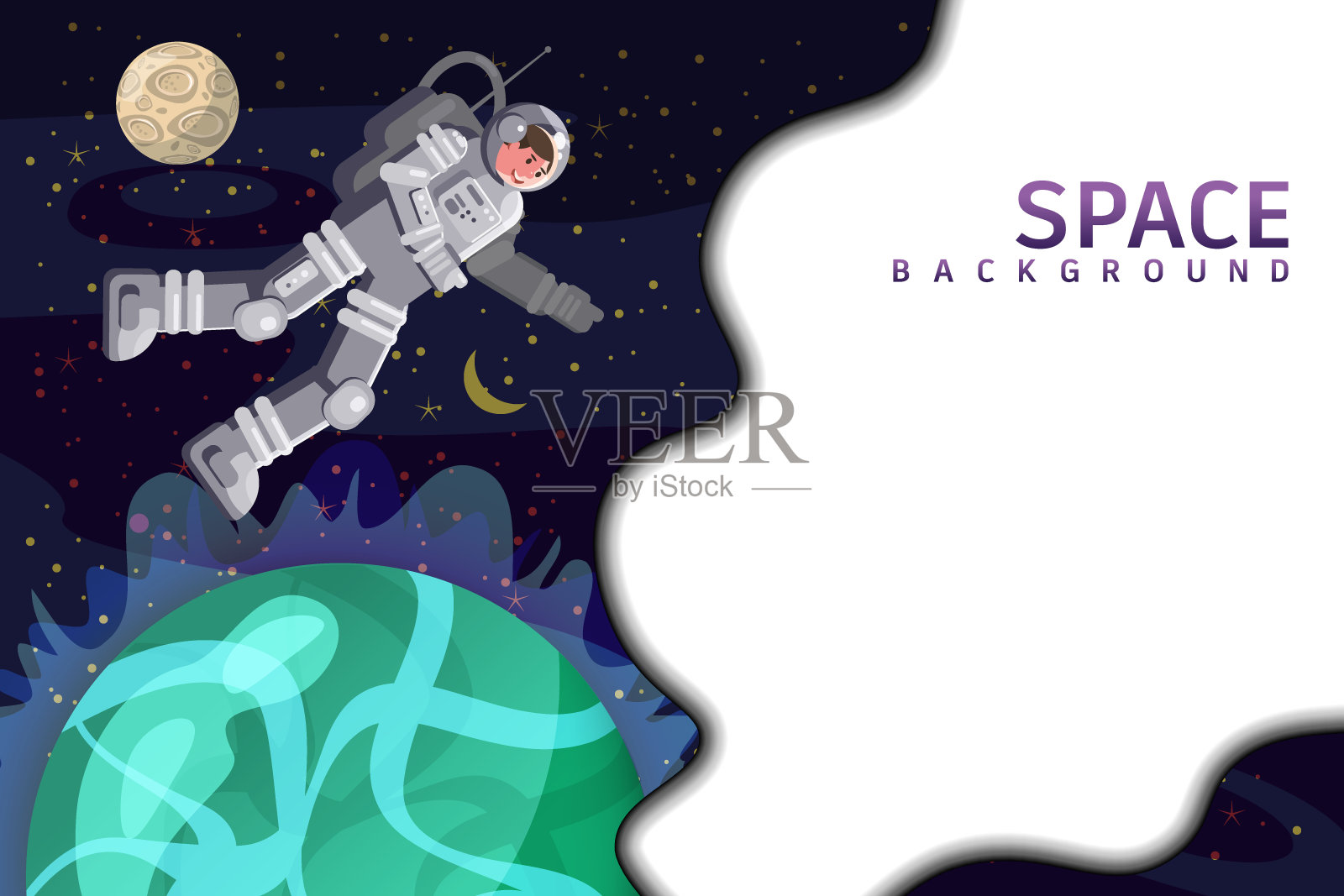 太空背景卡，有宇航员，太阳，行星，恒星。宇航员全景空间模板。旗帜，矢量，孤立的卡通平面风格插画图片素材