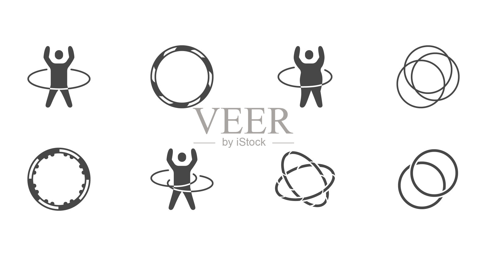 呼啦圈字形图标。矢量插图包括图标为快乐的孩子与呼啦圈，胖男人运动轮廓象形图体育馆。黑色剪影图标素材