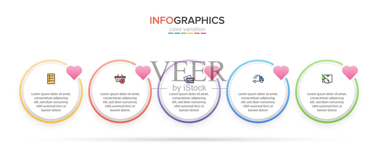 购物过程的概念有5个连续的步骤。五种彩色图形元素。时间轴设计的小册子，演示文稿，网站。信息图形设计布局。插画图片素材