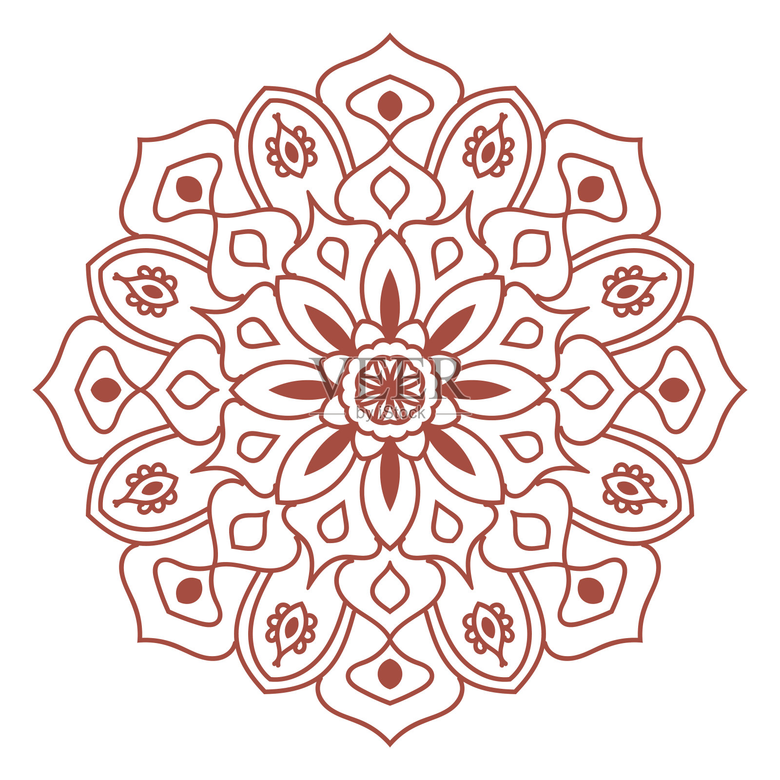 彩色轮廓花曼陀罗。白色背景上的t恤、包、海报的圆形装饰元素。花卉几何圆形。矢量插图。插画图片素材