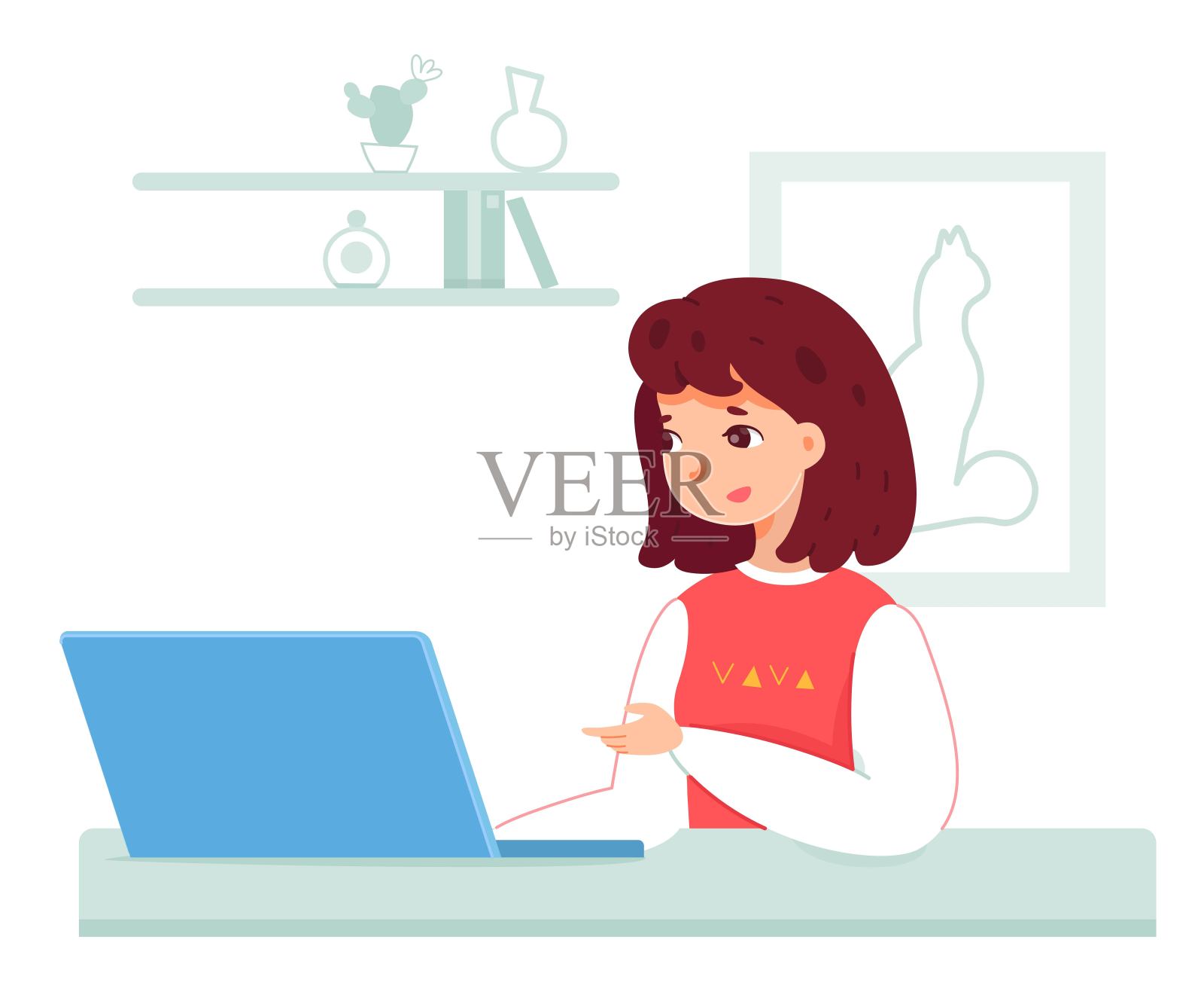 在线学校教育在家。女孩在平板电脑上学习做作业。利用远程学习技术和互联网，数字传播矢量插图插画图片素材