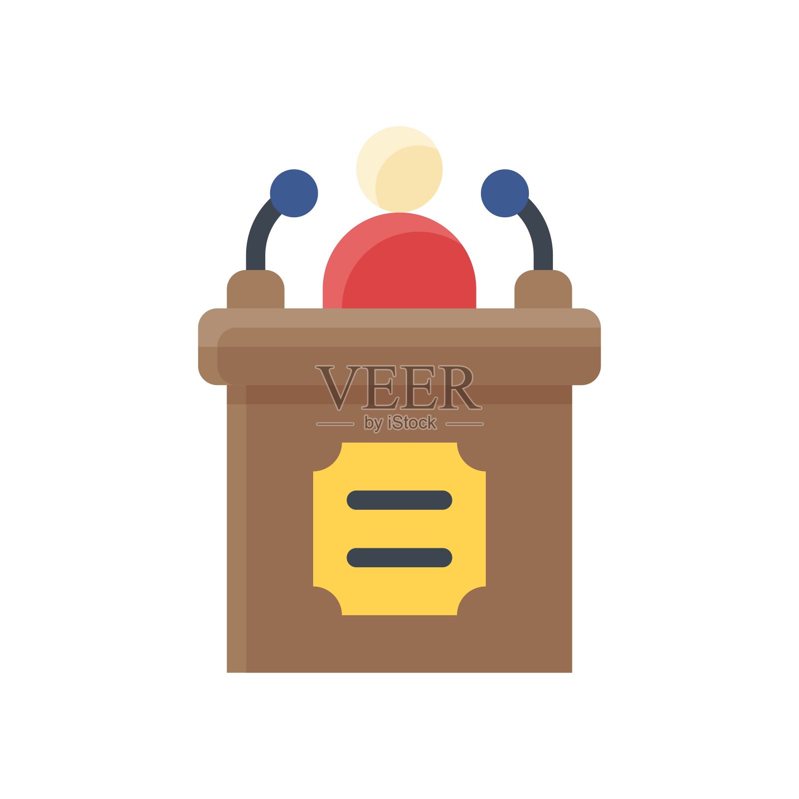 在平面设计中，与行政相关的字符或男孩用桌子和麦克风向量代表讲话，插画图片素材