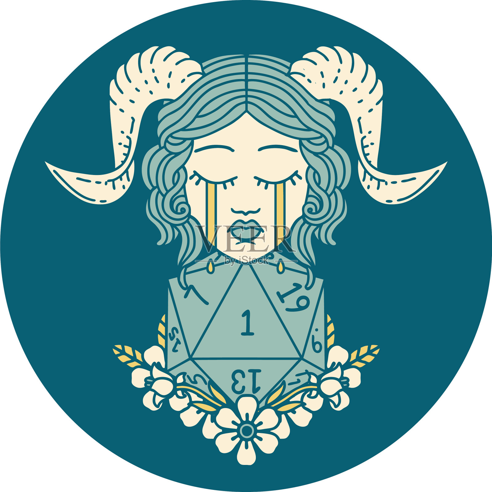 哭tiefling与自然一个d20骰子滚动插画图片素材