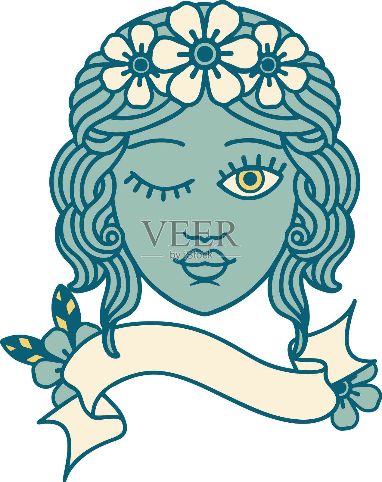 纹身与旗帜少女的脸眨巴设计元素图片