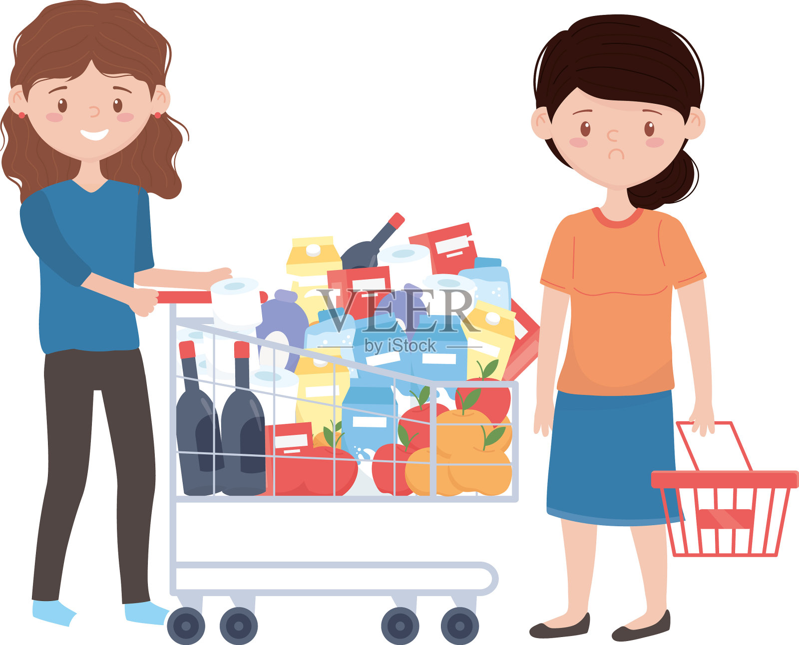 女人购物与购物车和篮子的设计设计元素图片