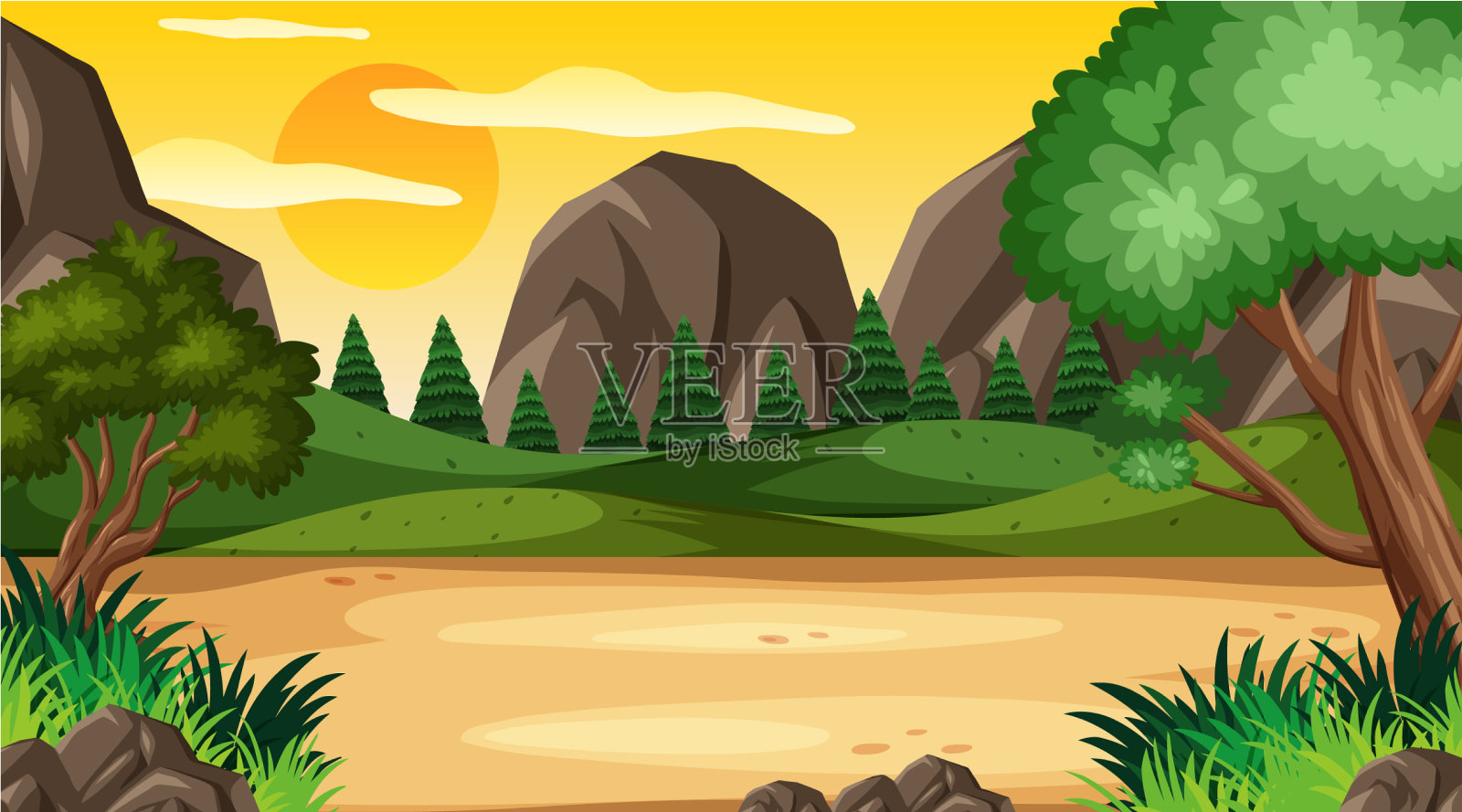 公园里有很多树的背景插画图片素材