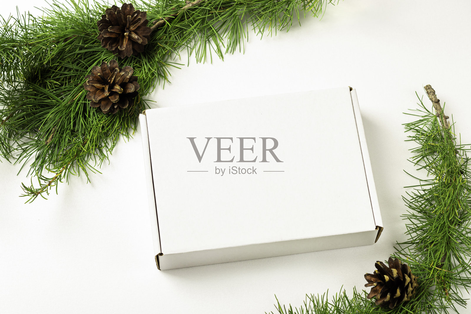 模拟白色礼盒上的白色背景装饰圣诞树枝与锥。圣诞节，寒假和新年的概念。照片摄影图片