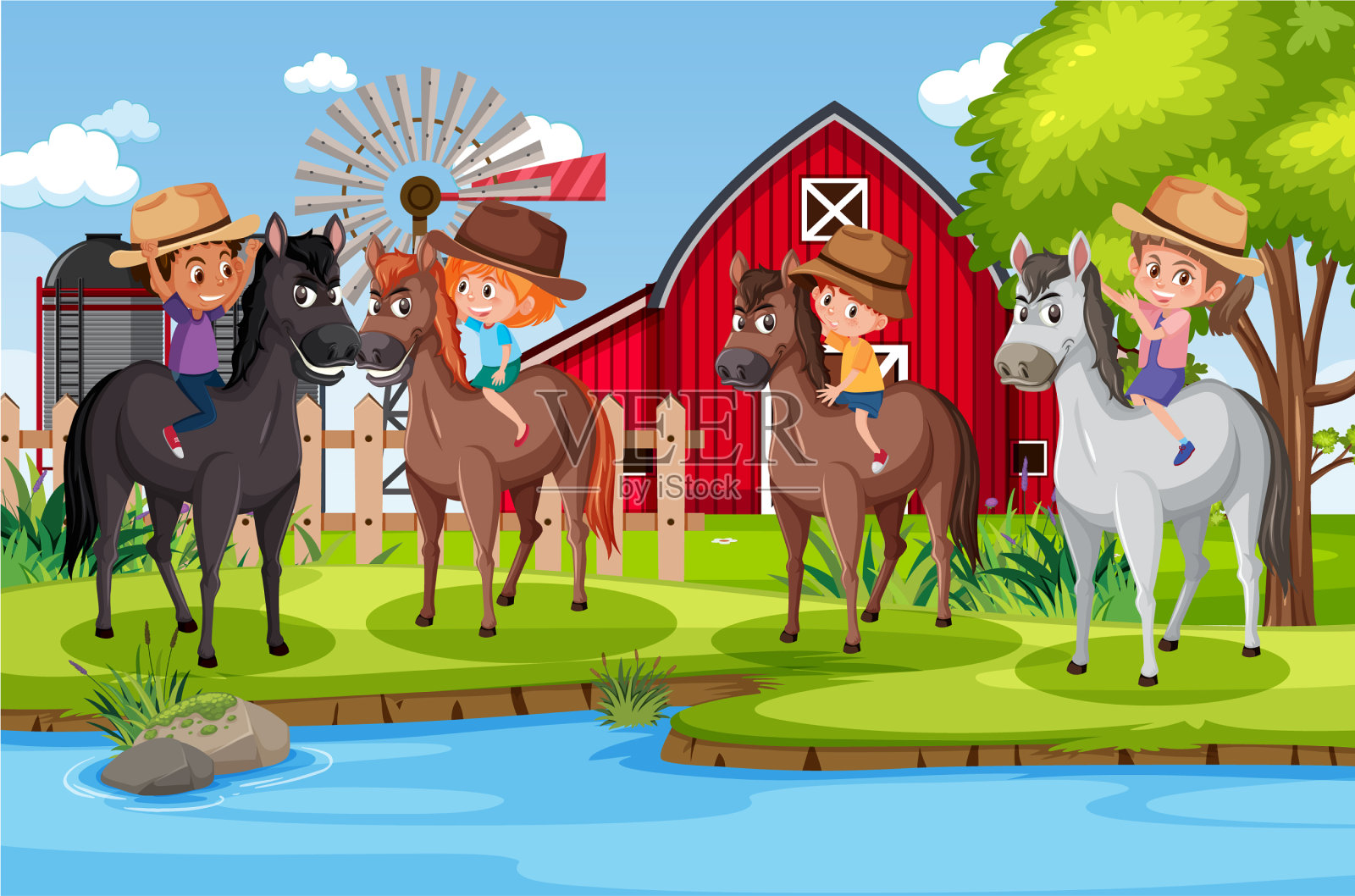 背景场景与孩子们骑马在插画图片素材
