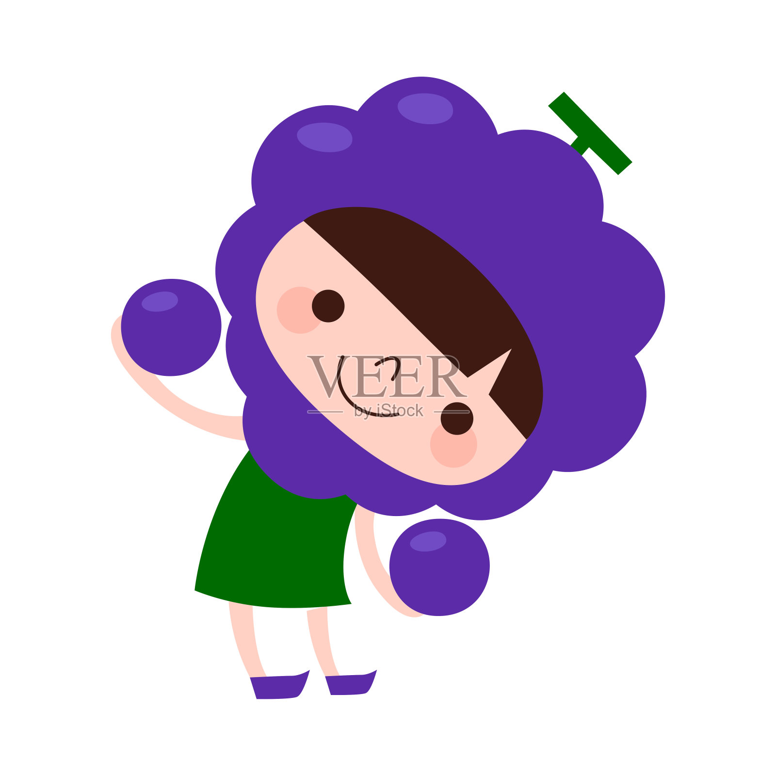 葡萄的性格。一个孩子戴着水果葡萄的帽子，快乐地跳舞的插图。设计元素图片