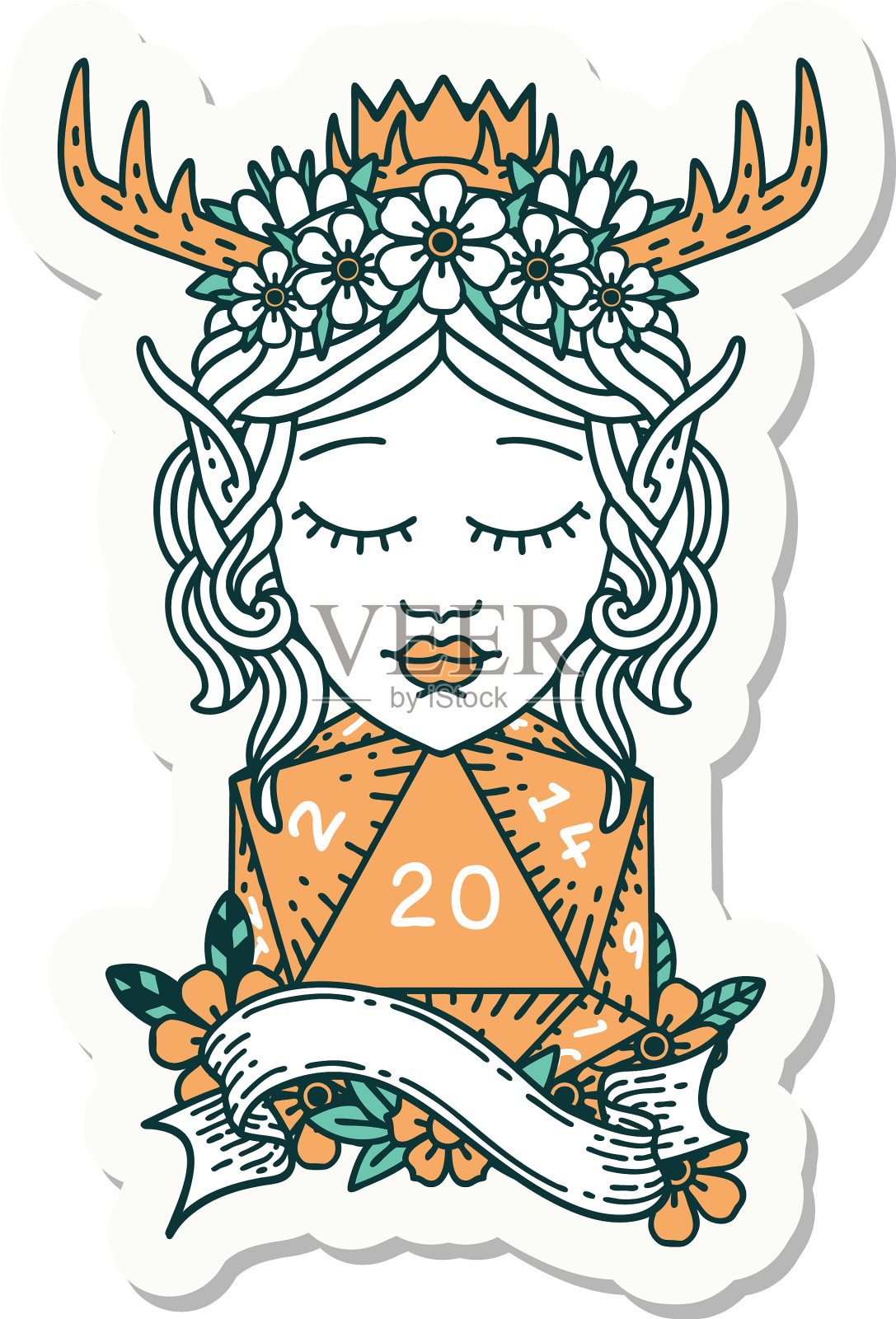 精灵德鲁伊角色与自然20骰子滚动设计元素图片