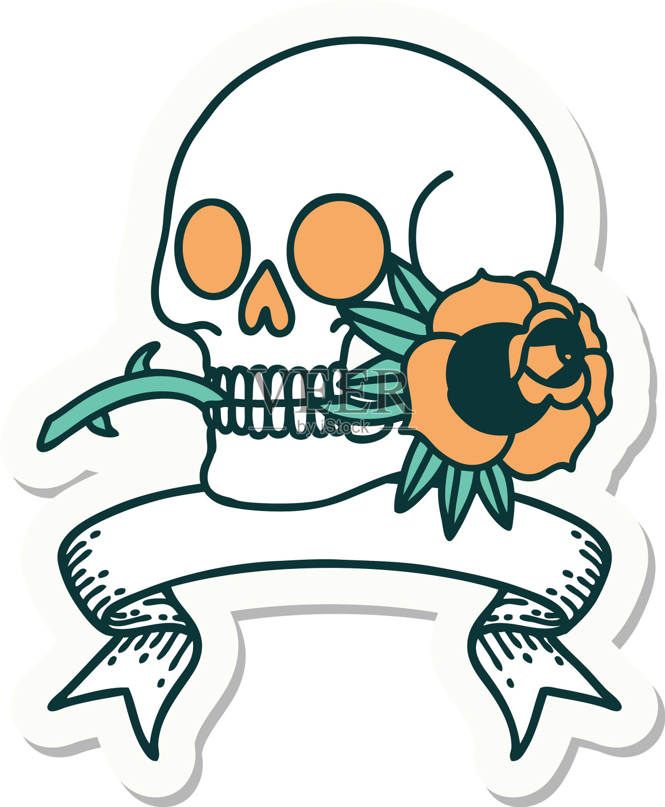 纹身贴纸与旗帜，一个头骨和玫瑰设计元素图片