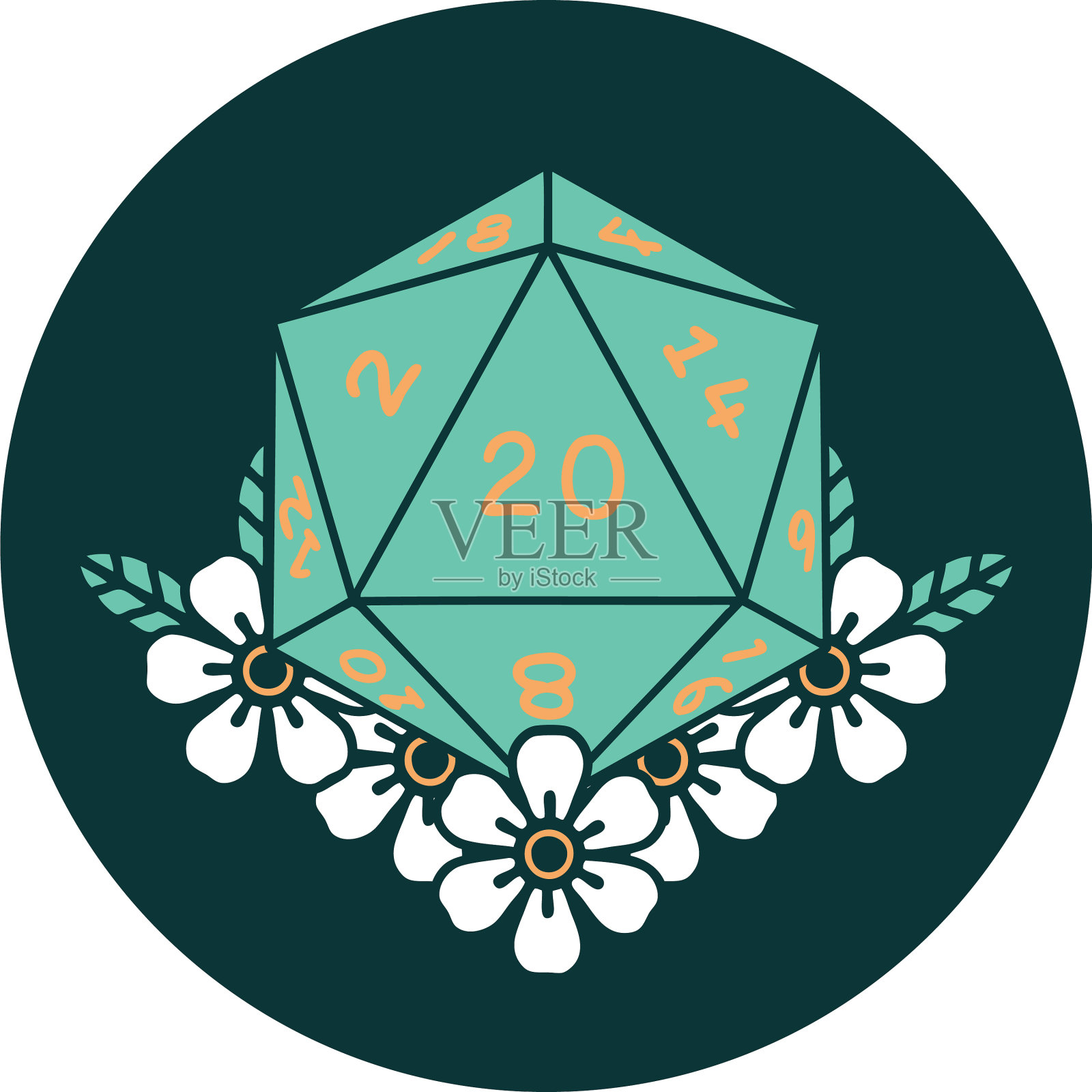 自然20 d20骰子滚动与花卉元素图标插画图片素材