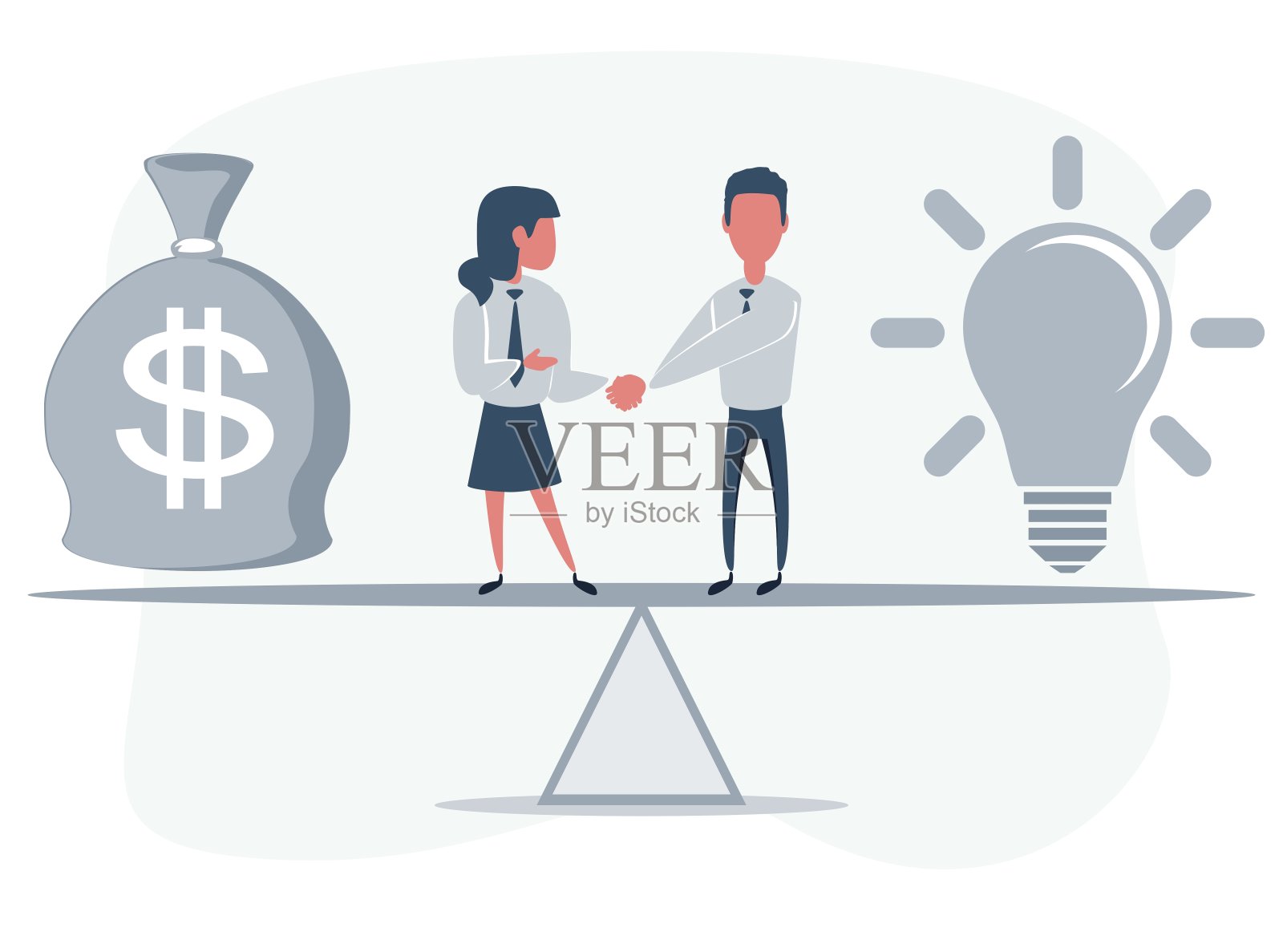 商业伙伴握手，象征团结。商人和女商人站在跷跷板上插画图片素材