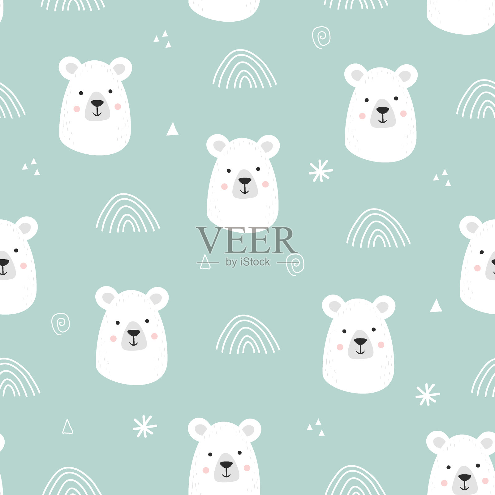 无缝图案与可爱的手绘微笑白熊。卡通动物园。矢量插图。动物为设计儿童产品的斯堪的纳维亚风格。插画图片素材