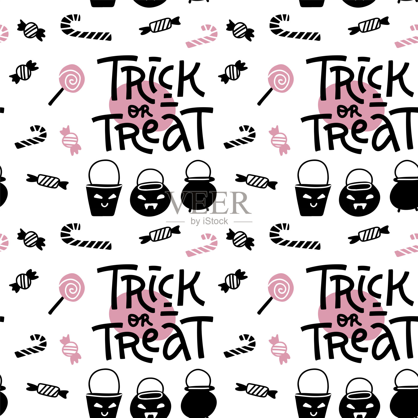 Trick or treat -字母文本背景。万圣节无缝模式。矢量手绘插图与南瓜，蜡烛和糖果。黑、白、粉的简单设计。插画图片素材