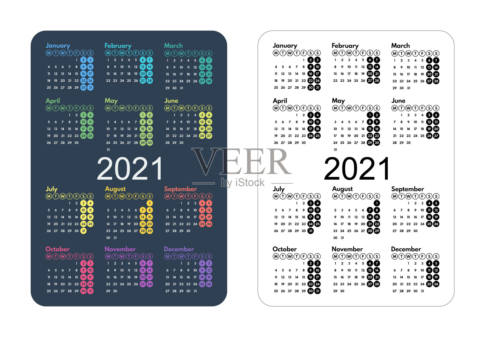 2021口袋日历，第一天星期一，两个周末，矢量插图设计模板素材