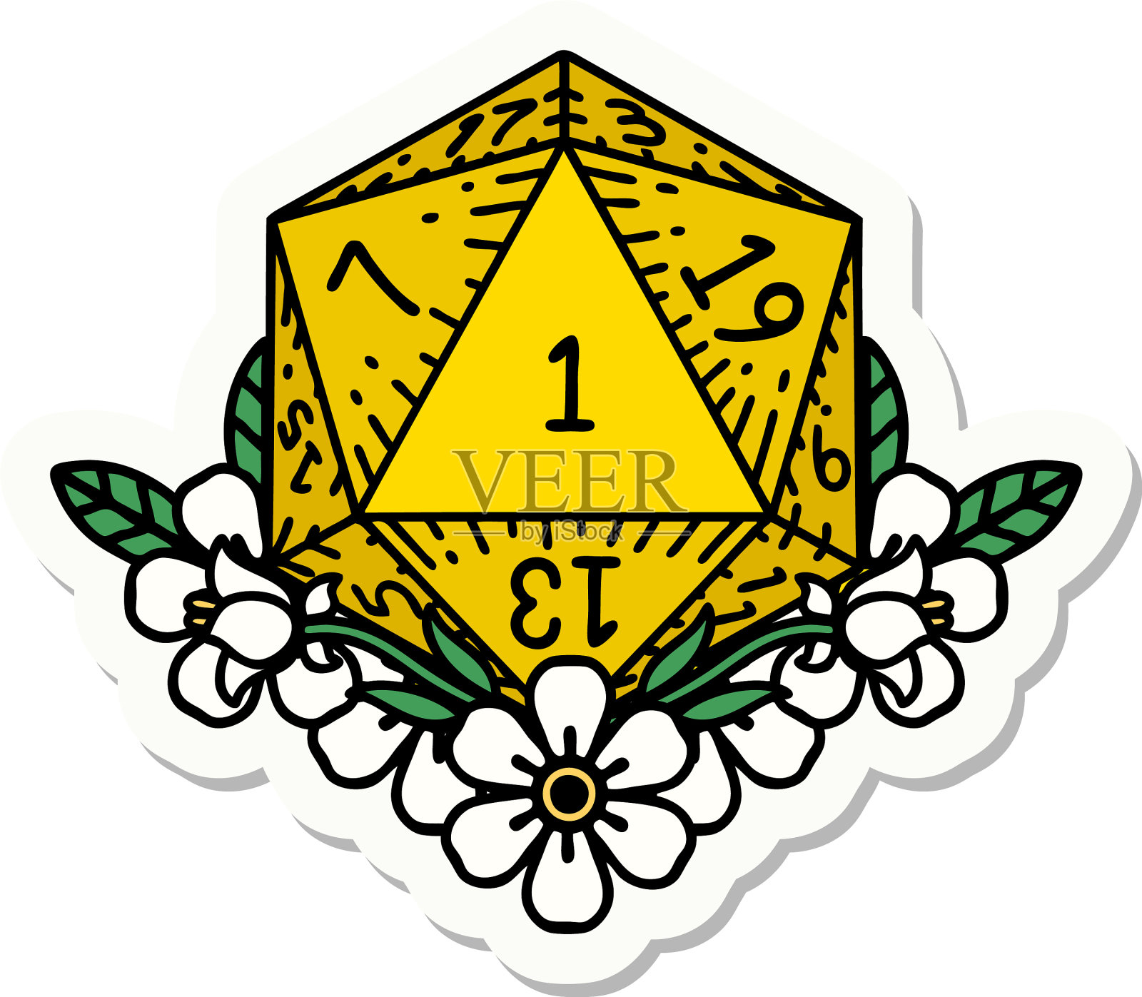 自然一个骰子滚动与花卉元素贴纸设计元素图片