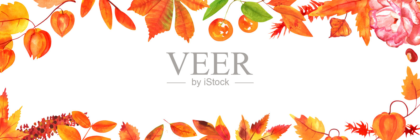 水彩秋天的背景，全景横幅与一个地方的文字，水彩植物画的树叶和树枝插画图片素材