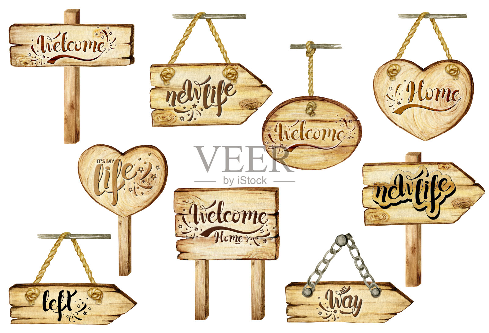 水彩木制招牌空白孤立与字母短语。一套复古的旧，复古的手绘木材横幅，木板，木板，心，椭圆形，箭头插画图片素材