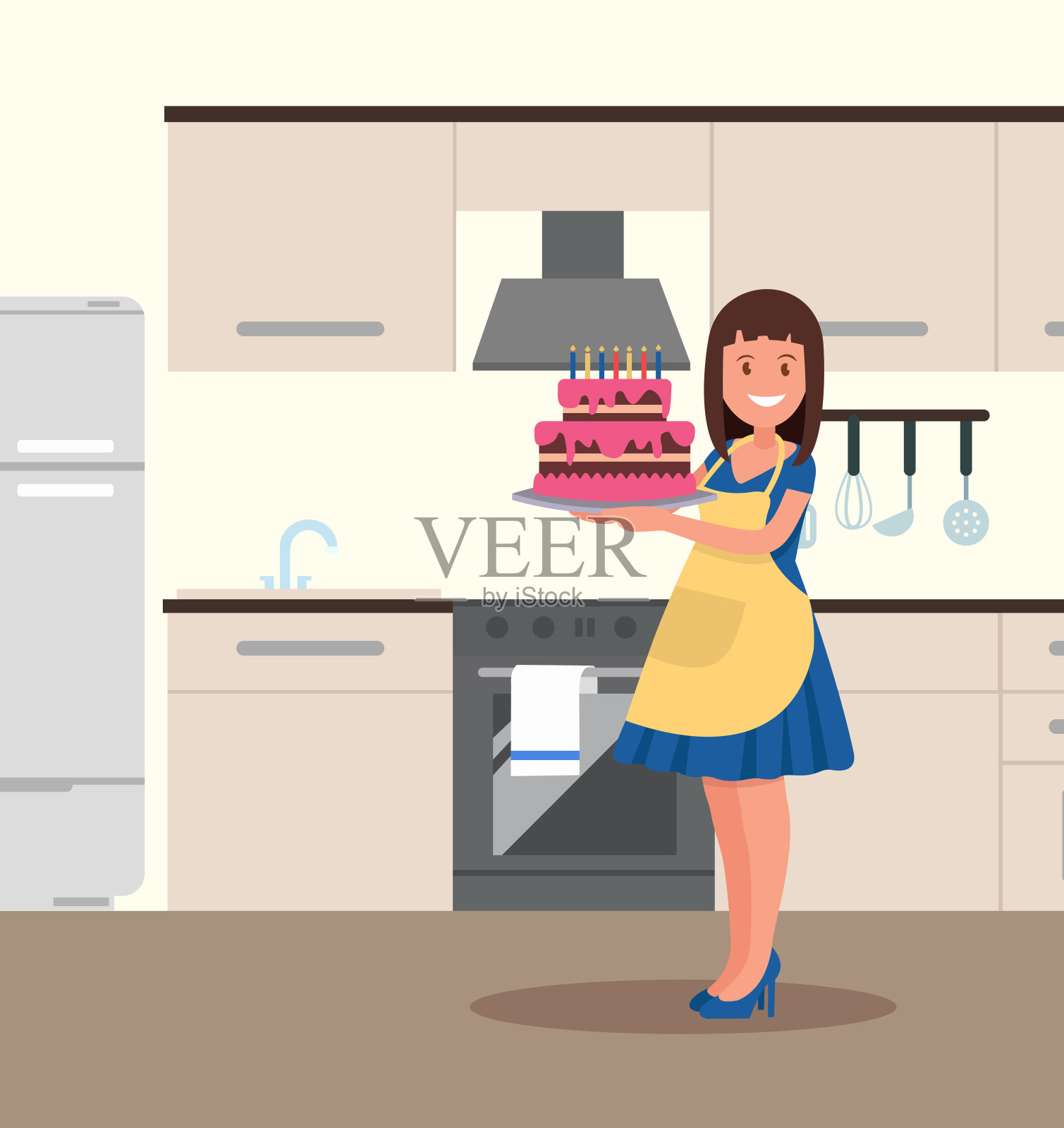 自制的生日蛋糕。家庭主妇拿着一个漂亮的蛋糕。插画图片素材