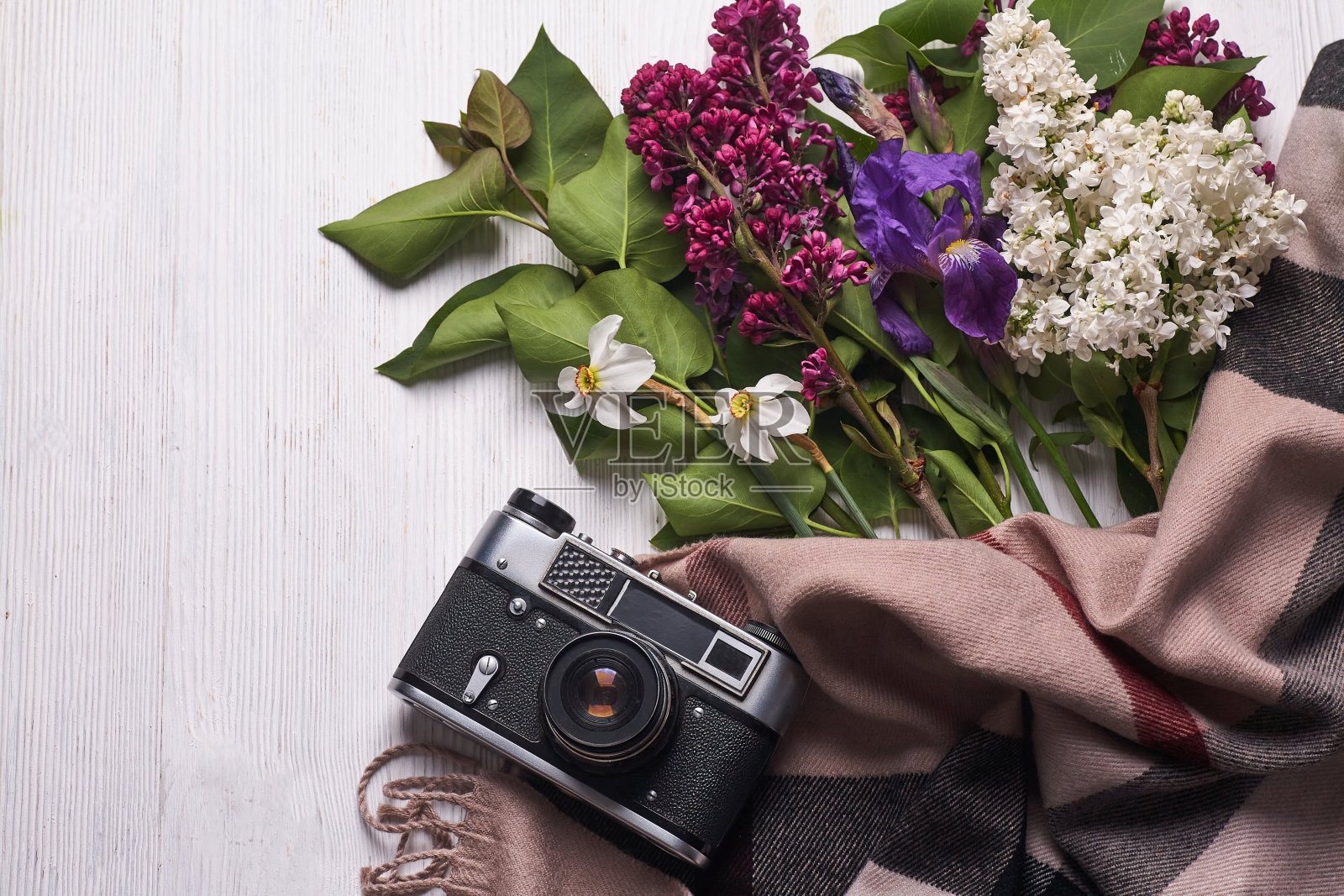 一束丁香花和旧相机孤立在白色照片摄影图片