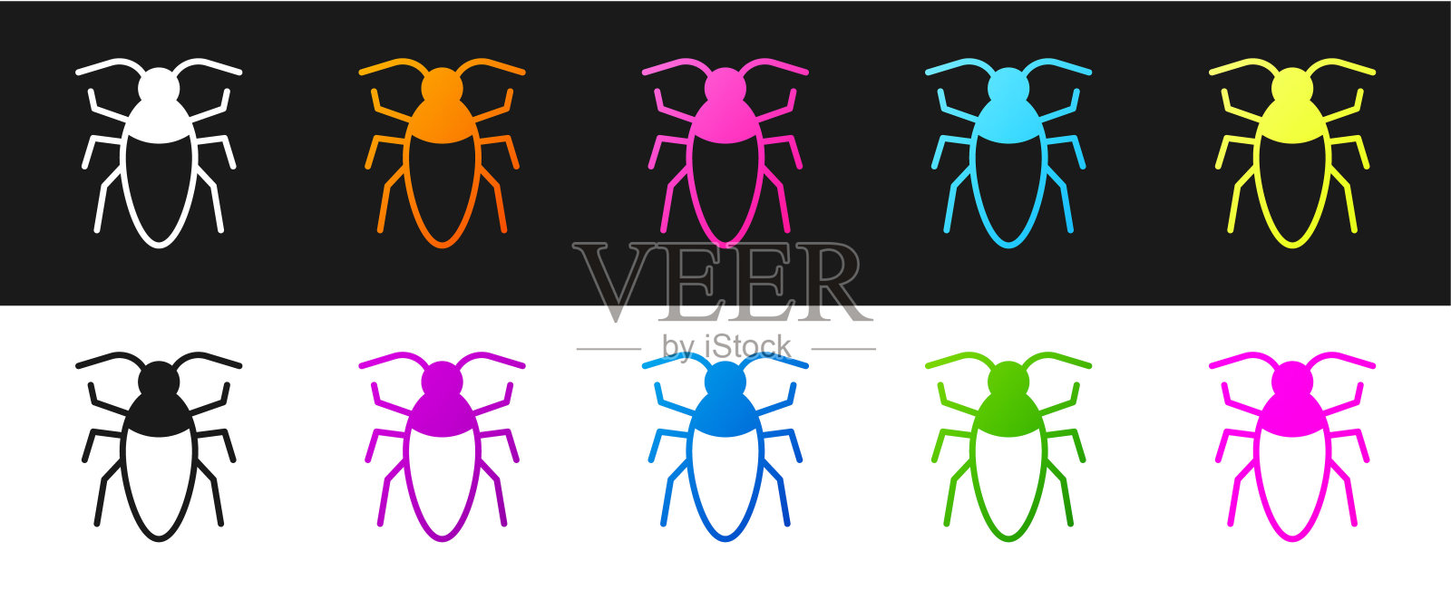 设置蟑螂图标隔离在黑色和白色的背景。向量设计元素图片