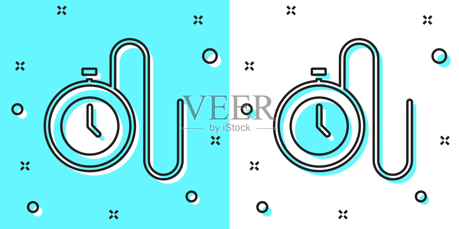 黑色线手表与链图标隔离在绿色和白色的背景。随机动态形状。向量插画图片素材