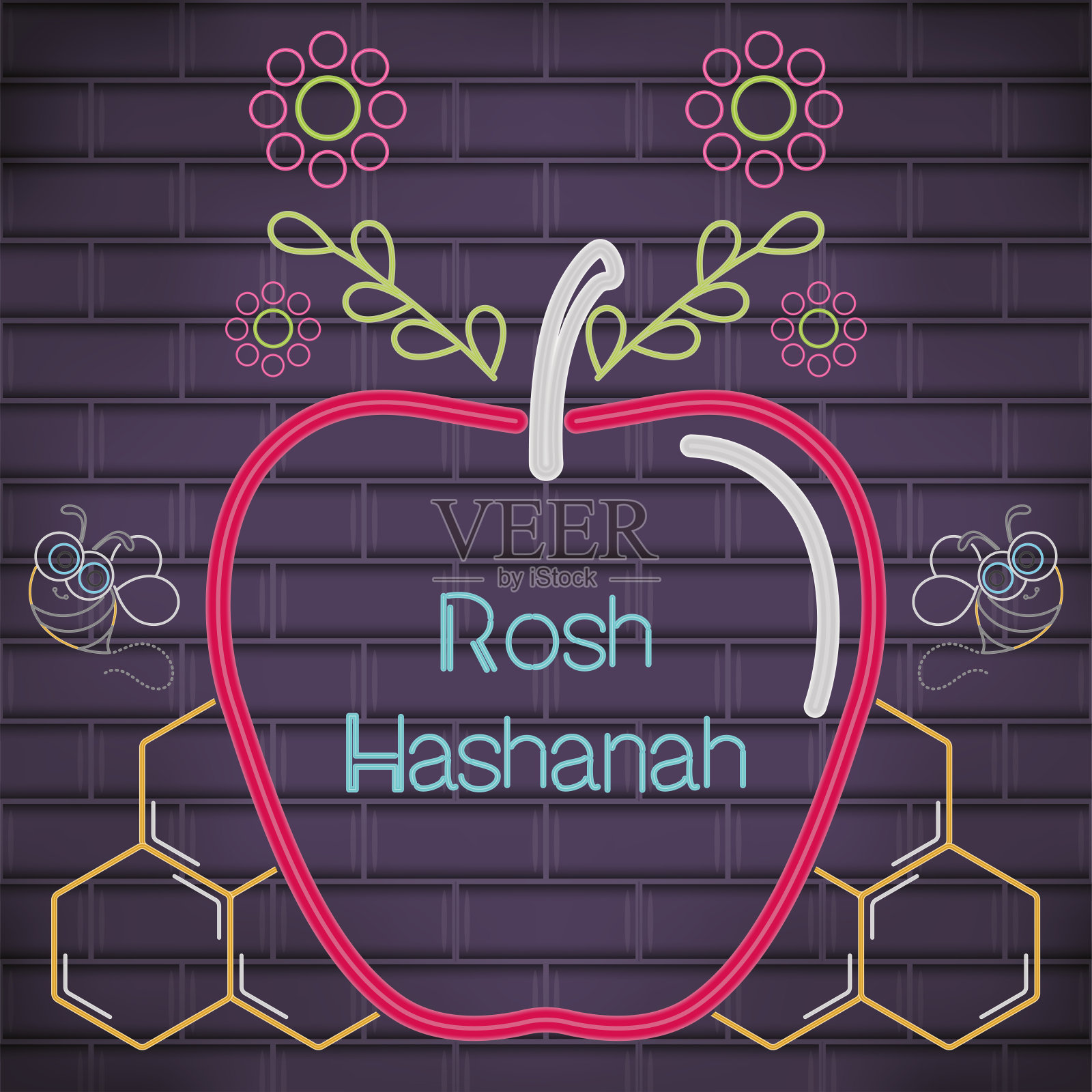 犹太新年的霓虹海报设计模板素材