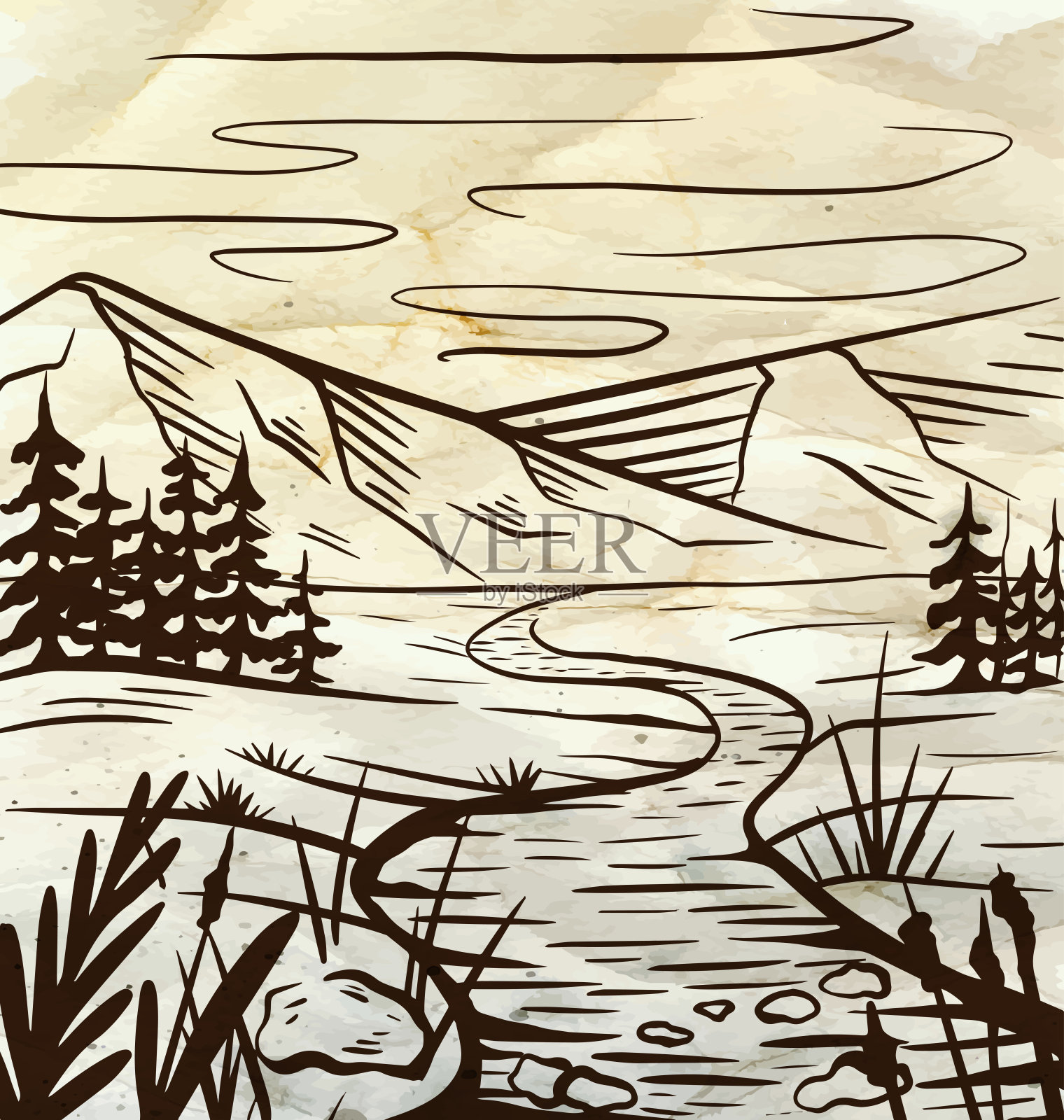 在旧纸上画有河流、山脉和冷杉的草地。羊皮纸上宁静的荒野景观。向量墨水潦草插画图片素材
