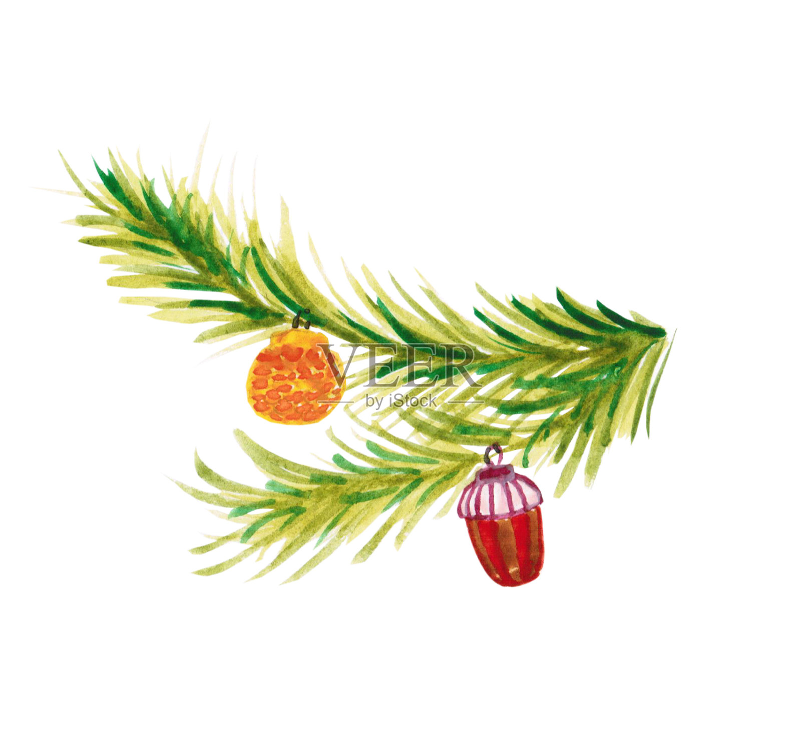 水彩圣诞树枝与玩具，孤立在一个白色的背景插画图片素材