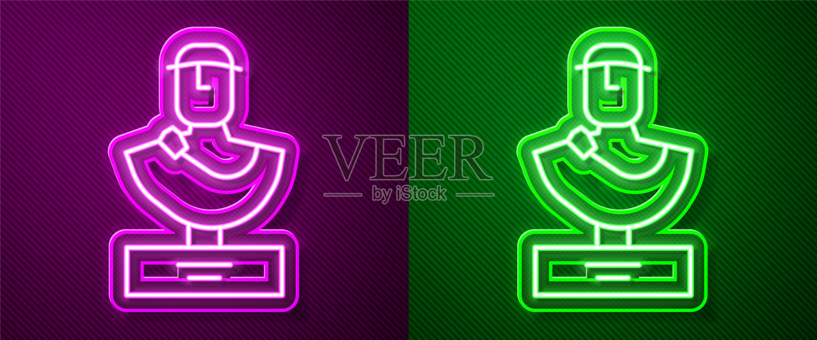 发光的霓虹线古代半身雕塑图标孤立在紫色和绿色的背景。向量插画图片素材
