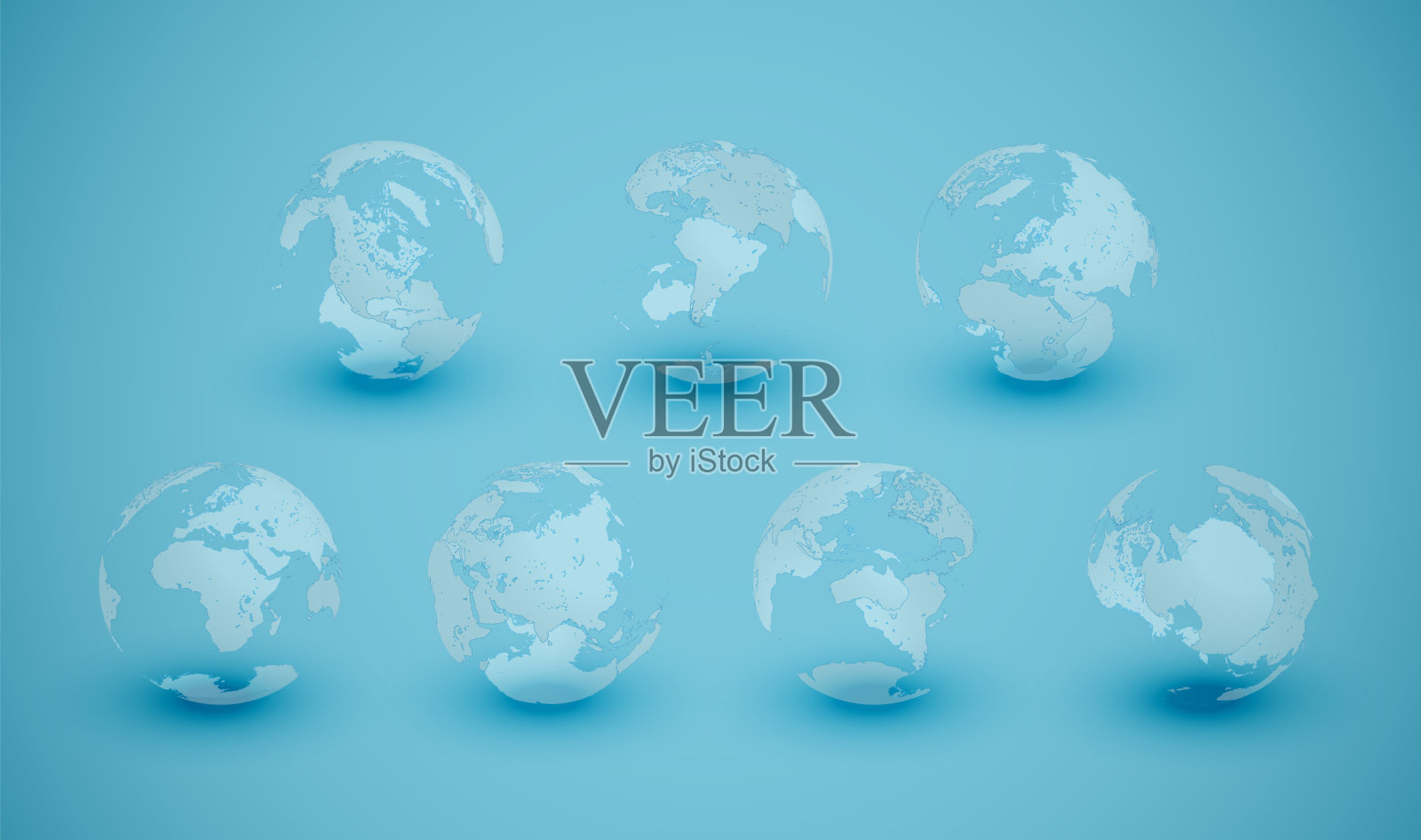 7个不同角度的地球为7大洲，矢量插图插画图片素材