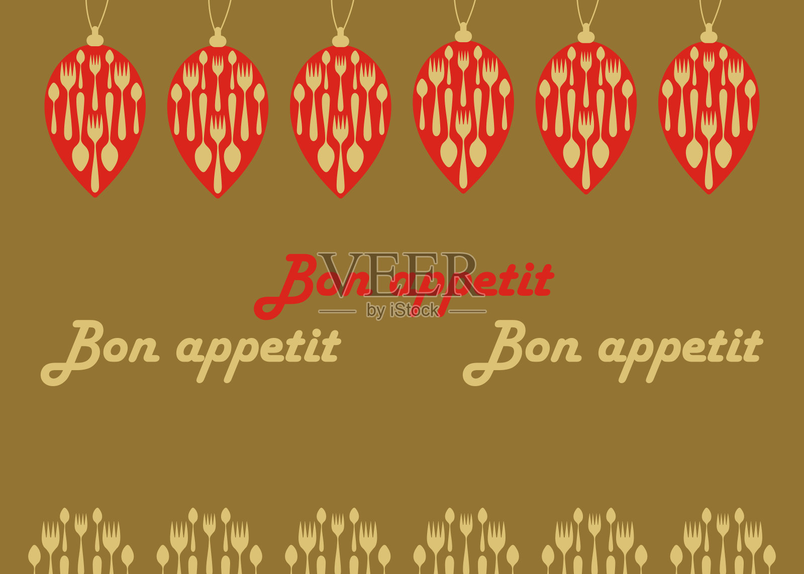 年夜饭，海报或菜单的模板。锥形的圣诞装饰品和“祝你胃口好”的铭文。矢量图插画图片素材