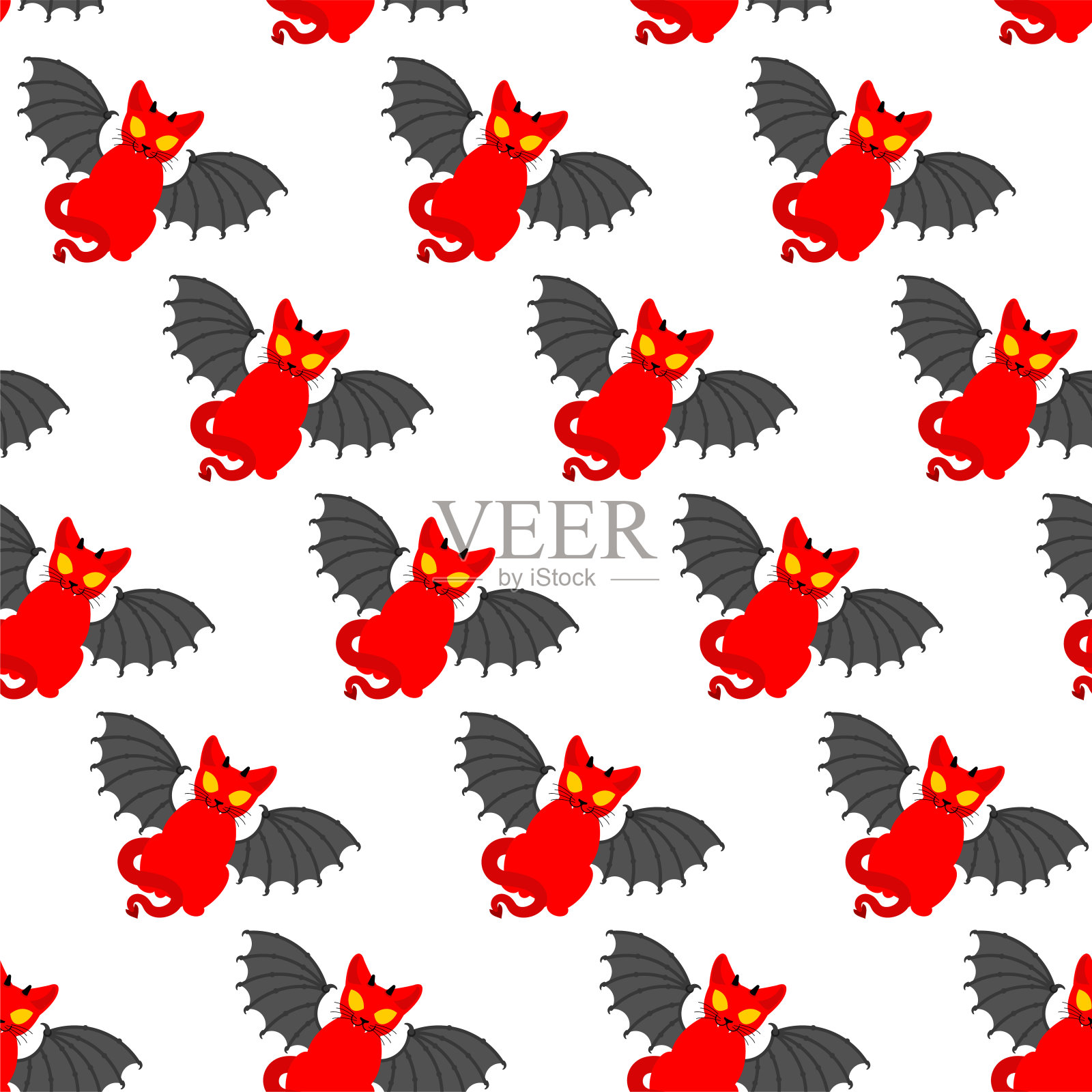 魔鬼猫图案无缝。撒旦宠物背景。红色魔兽纹理。向量点缀插画图片素材