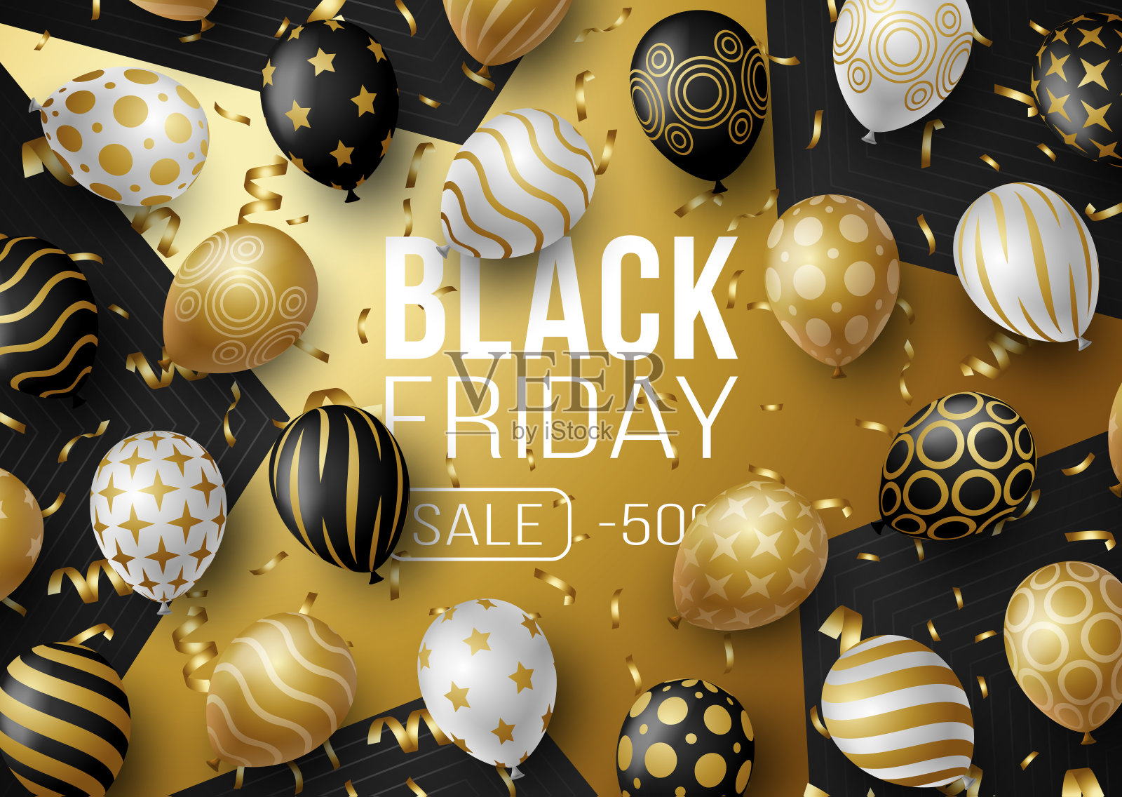 黑色星期五促销海报或横幅气球。黑色和金色款式特价五折。黑色星期五的促销和购物模板插画图片素材