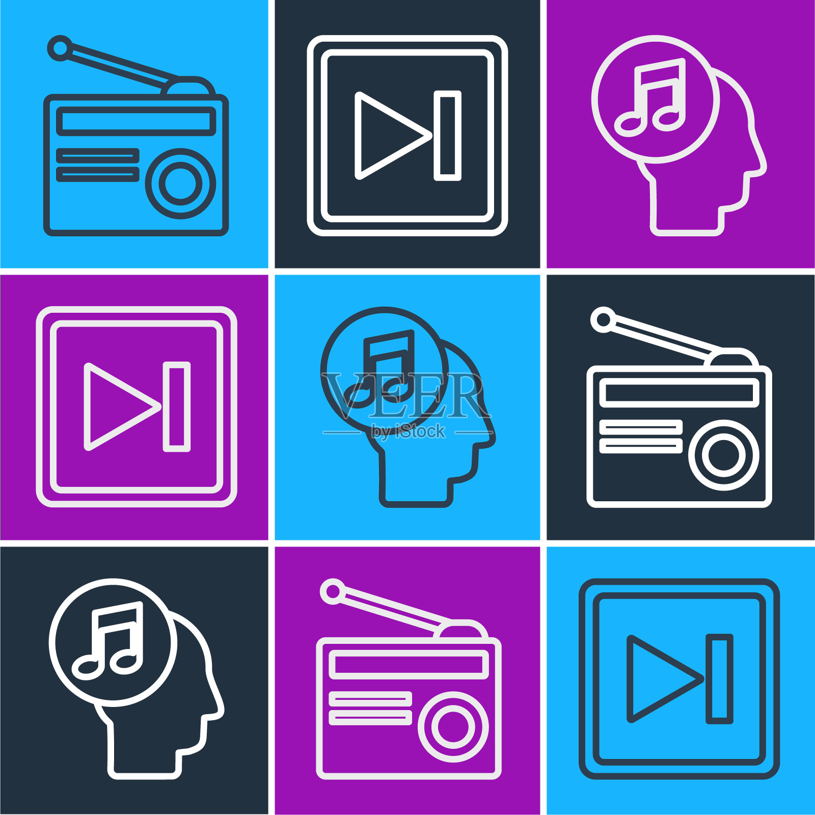 用天线设置无线电线路，人头音乐音符和快进图标。向量图标素材