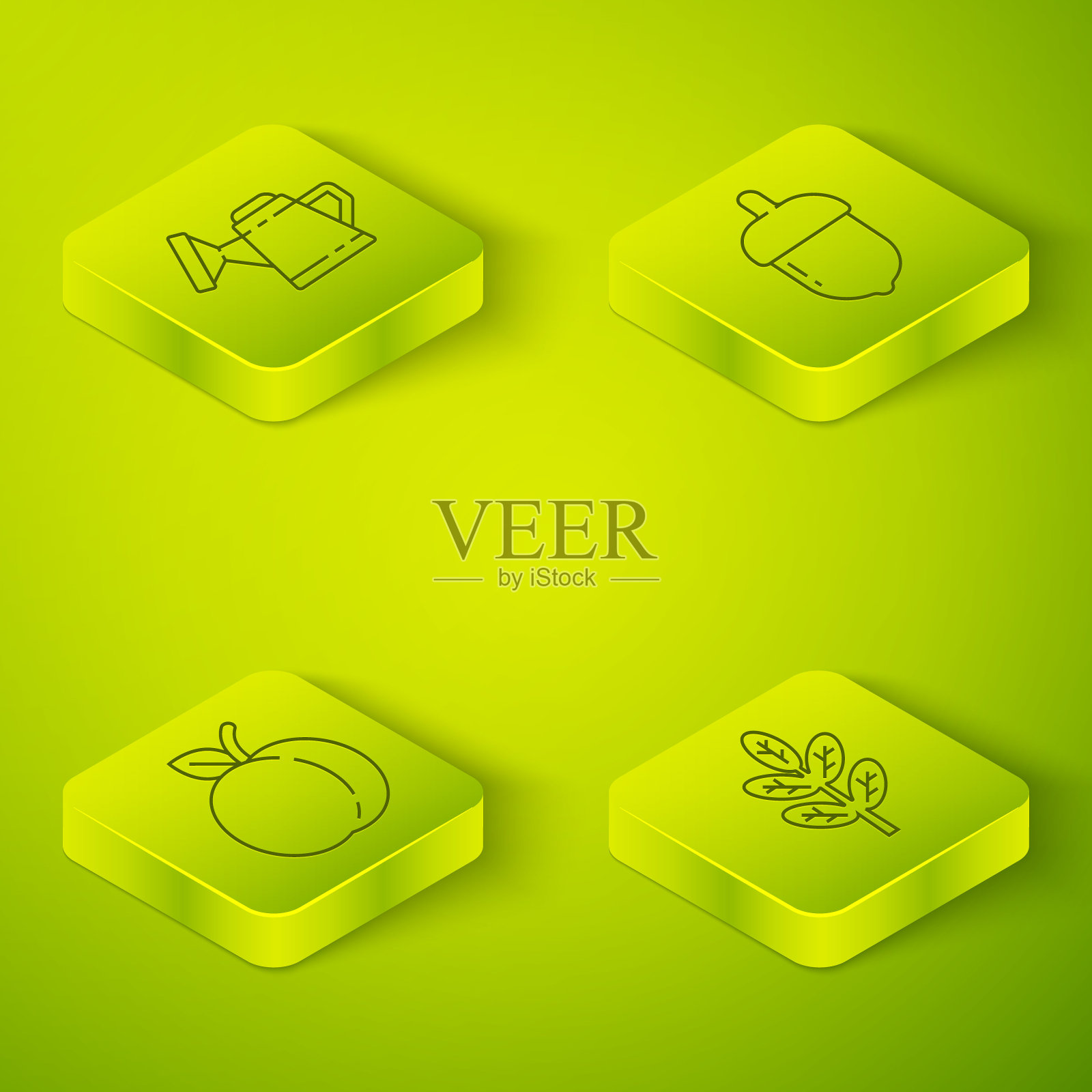 设置等距橡果，桃果，叶子或叶子和浇水罐图标。向量图标素材