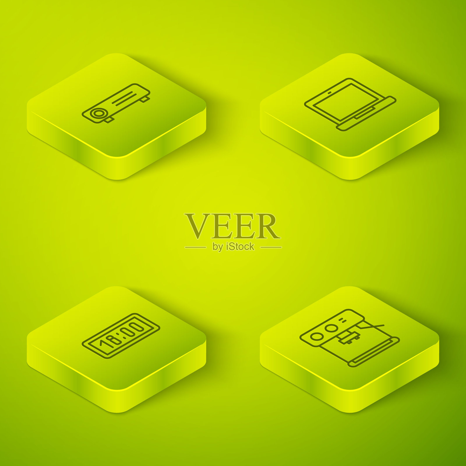 设置等距笔记本电脑，数字闹钟，咖啡机和电影，电影，媒体投影仪图标。向量图标素材