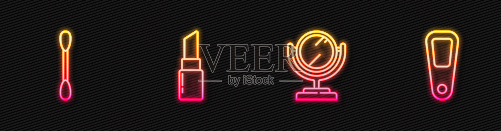 设置线圆化妆镜，棉签耳朵，口红和手。发光的霓虹灯图标。向量图标素材