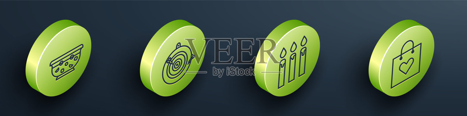 2.5D混合潘趣酒、飞镖靶和箭、生日蛋糕蜡烛及爱心购物袋矢量图标图标素材