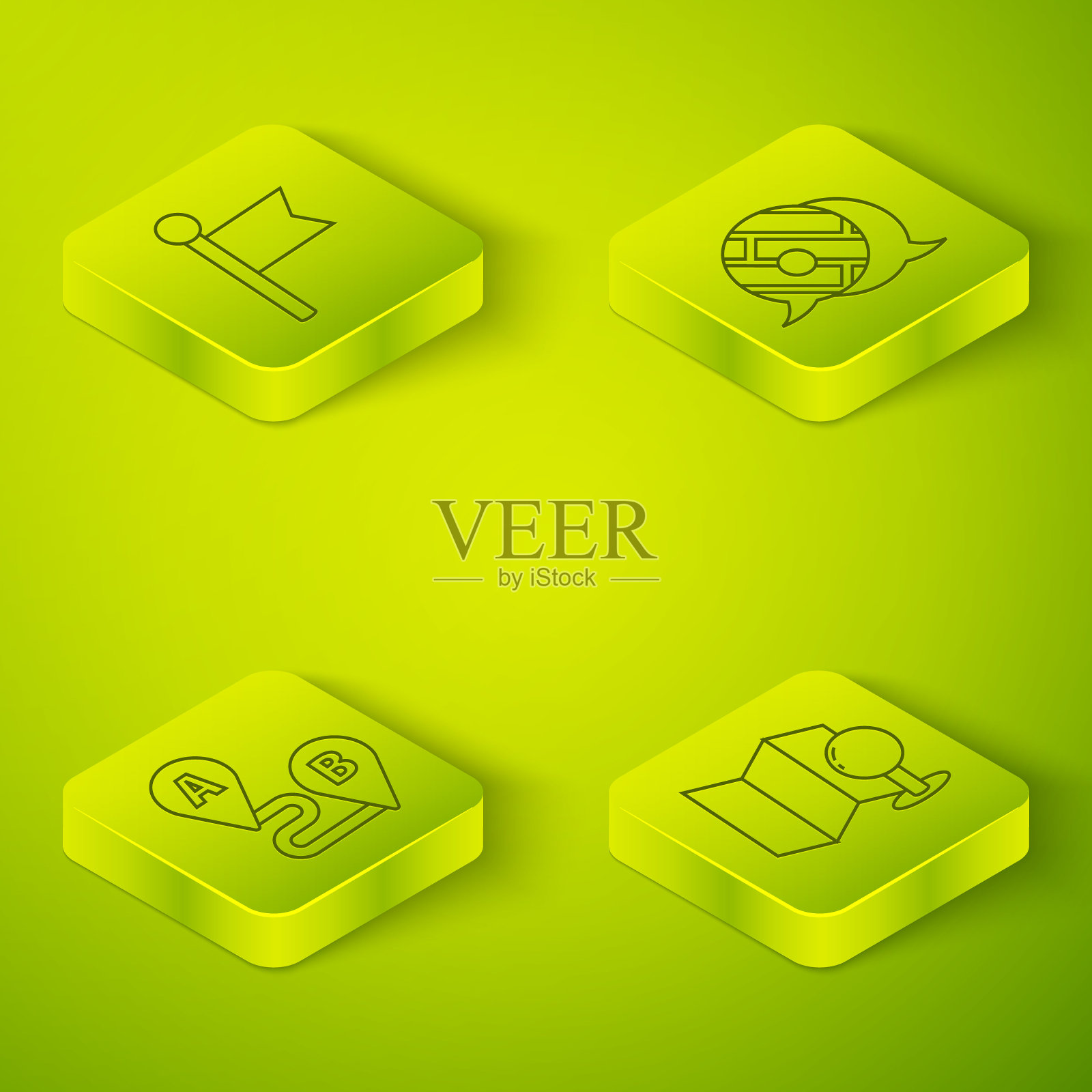 设置城市地图导航的等距信息图，路线位置，折叠地图与推针和位置标记图标。向量图标素材