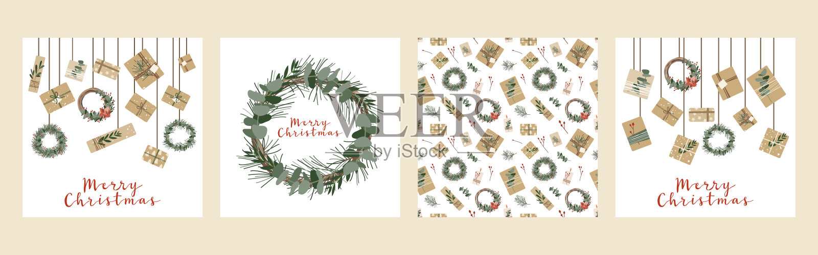 一套不同的圣诞卡，请柬。牛皮纸包装的礼物和花环。乡村的礼物盒子。生态装饰。圣诞节和新的2021年庆祝准备。矢量平面卡通风格设计模板素材